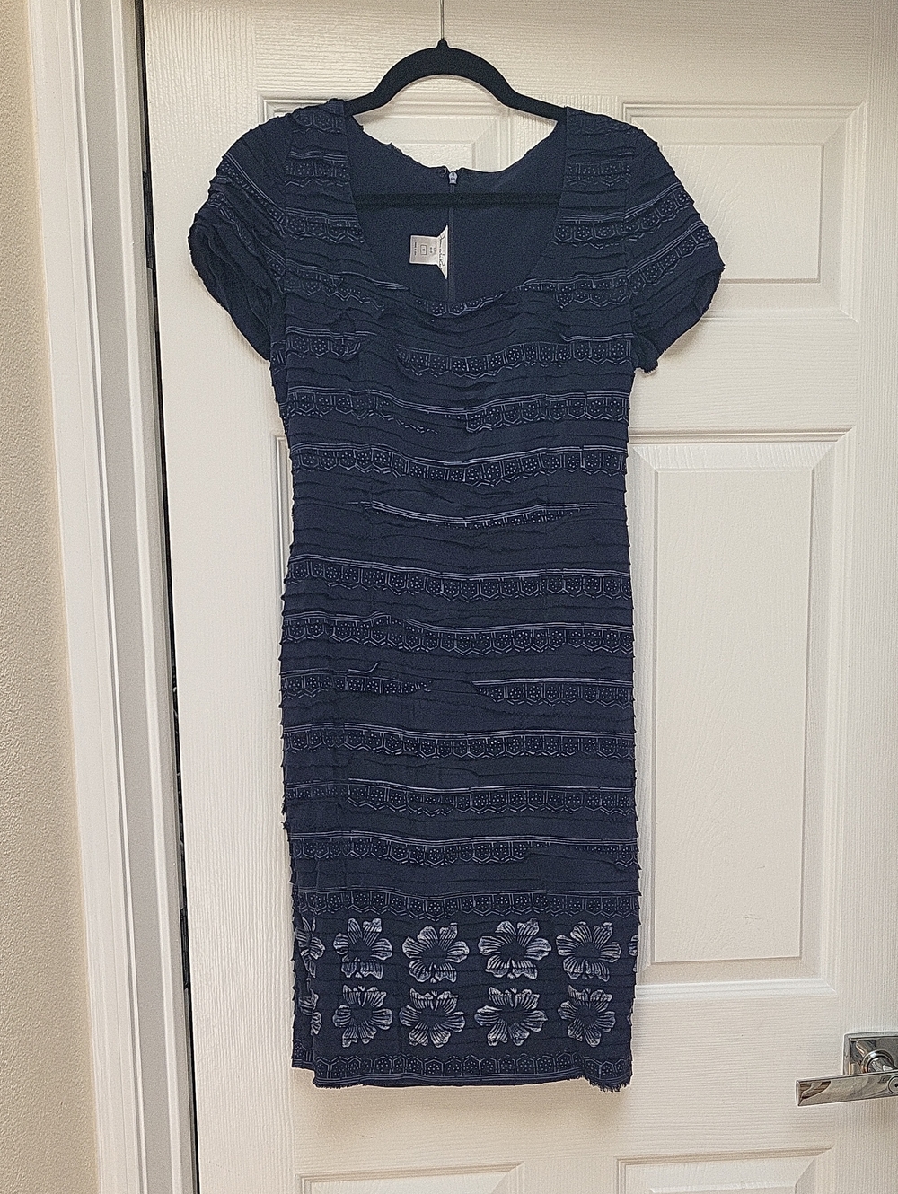 Oscar de la Renta Navy Short-Sleeve Midi Dress with Floral Hem